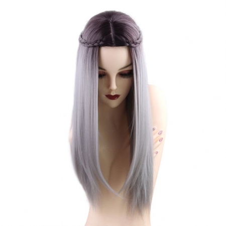 Generic 1pc Wig Long Straight Gradient Color Gray With White Braids 2144